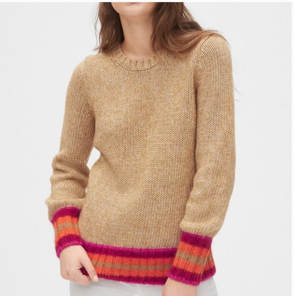 GAP Blouson Novel Sweater in Camel Heather Alpaca Wool Blend Sm Stripe Preppy